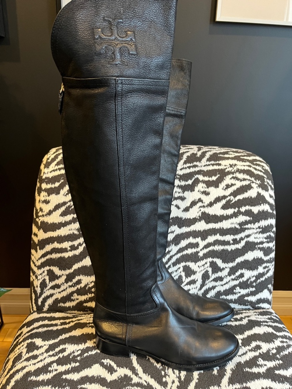 Tory Burch Black Leather Over-the-Knee Riding Boots with Embossed Logo